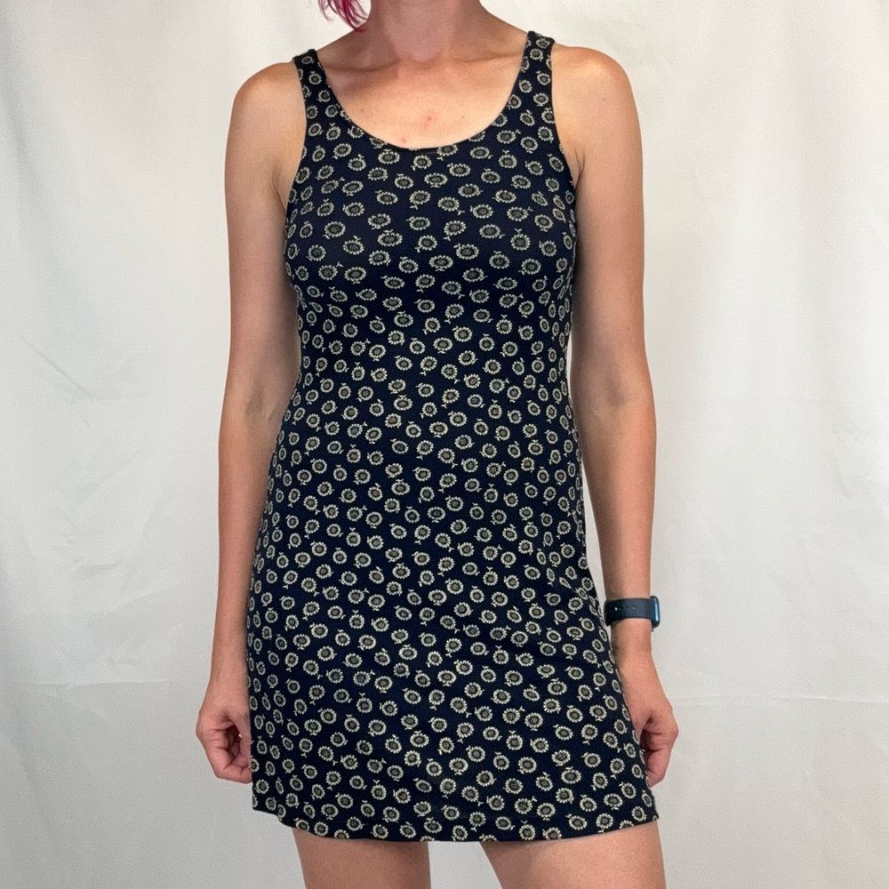 Women's Top This Vintage 1990s Sunflower Mini Dress S Navy Floral VTG